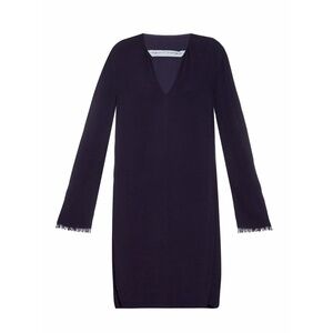 Raquel Allegra Navy Blue Crepe Dress V-Neck Frayed Hem Long Sleeve size 2 EUC